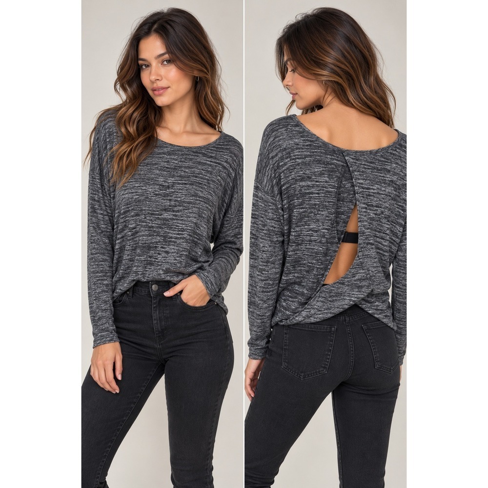 rag & bone JEAN Gray Marled Wrap Back Knit Top Womens S Long Sleeve Relaxed